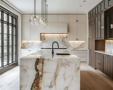 Luxury Kitchen Design Pune with modern modular cabinets, marble countertop, spacious island, and elegant lighting.”