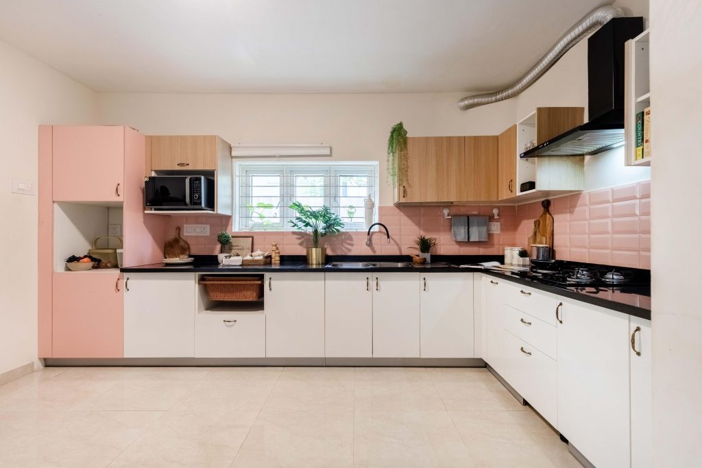 Modern kitchen interior with cabinets and overhead storage
