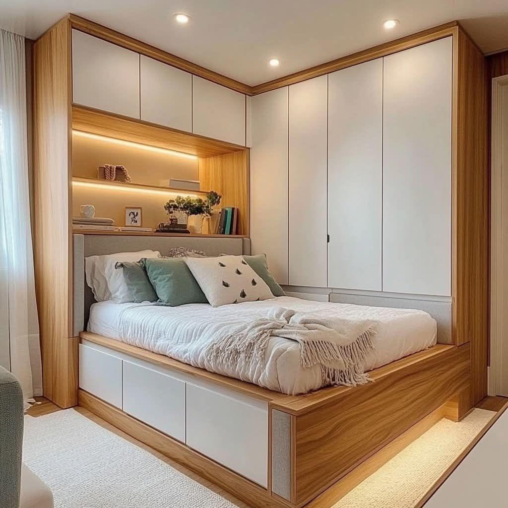Modern bedroom interior with storage furniture and contemporary lighting