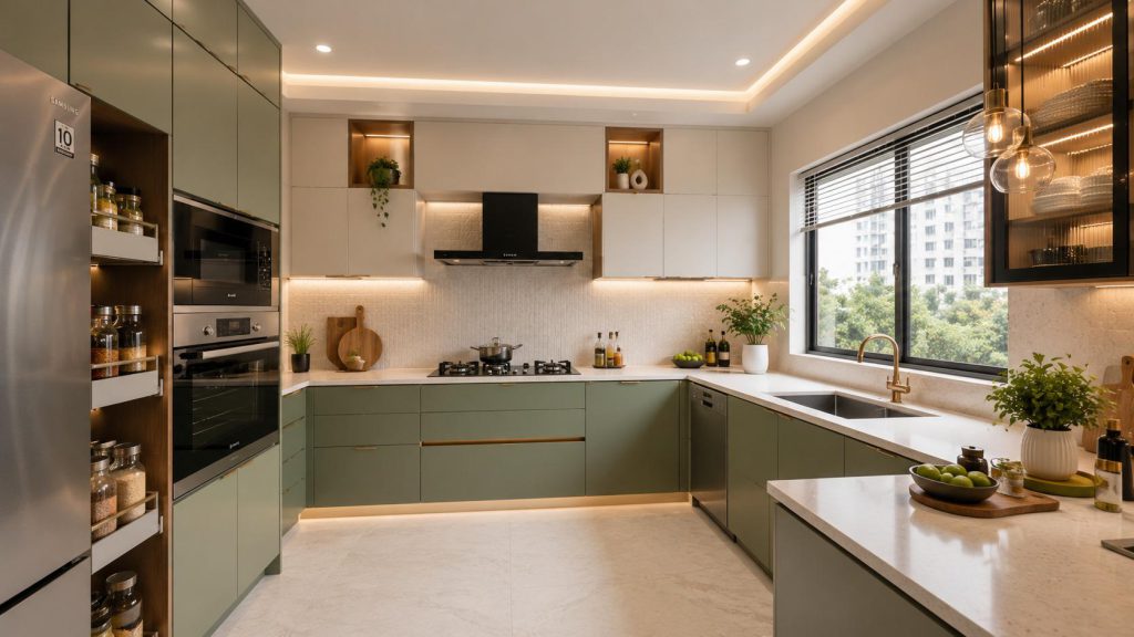 Modern modular kitchen with cabinets and storage