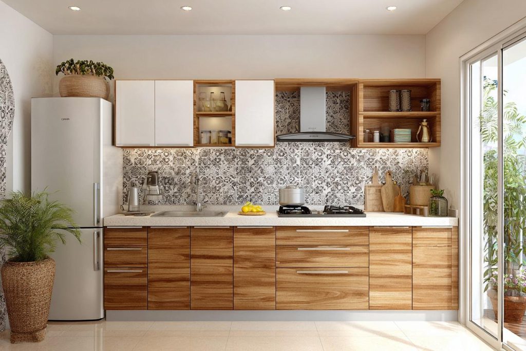 L-shaped modular kitchen with cabinets and countertop