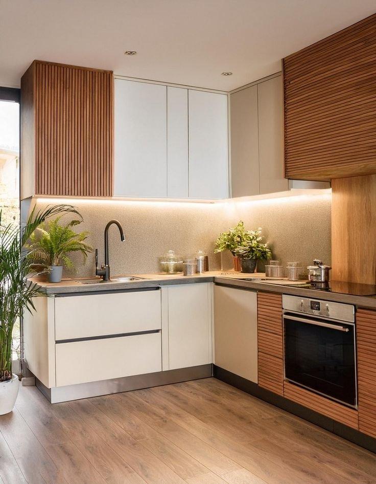 Modern L-shaped modular kitchen with cabinets and storage