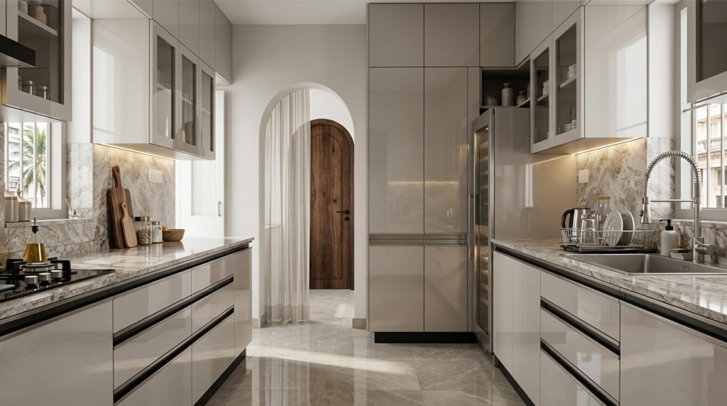 Parallel acrylic modular kitchen with pantry storage