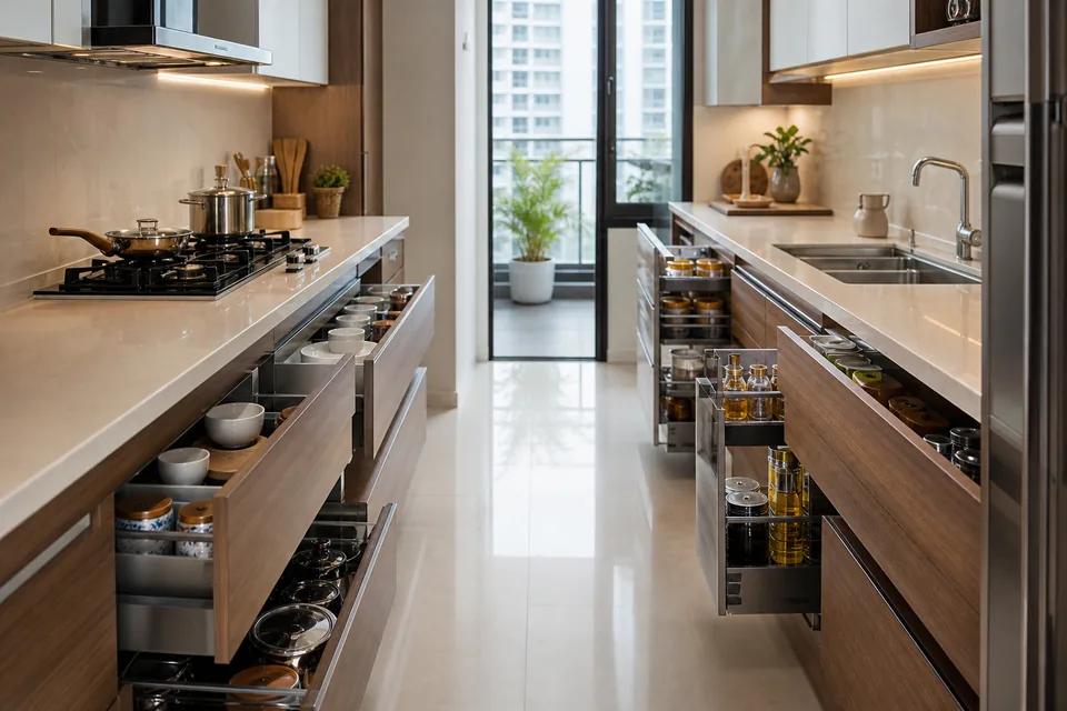 Parallel modular kitchen with cabinets