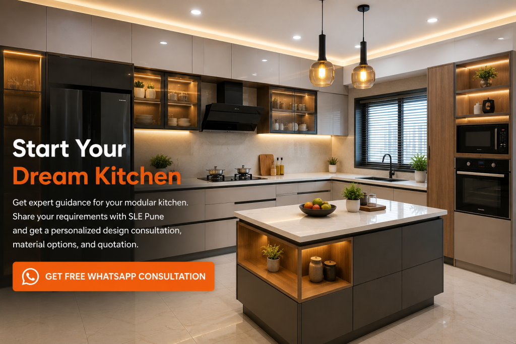 Modern modular kitchen design with stylish kitchen cabinets and island in Pune