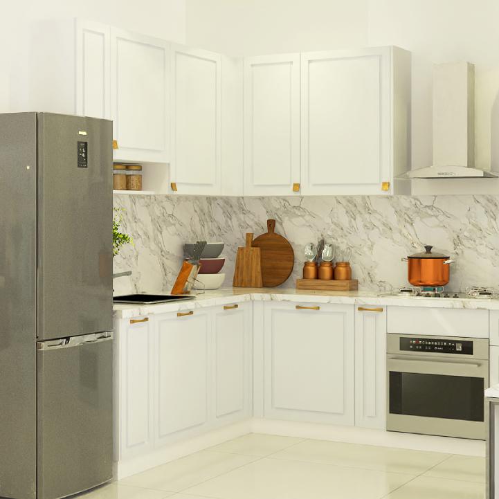 Modern 8 × 8 L-shaped modular kitchen with smart storage designed for a compact Pune home