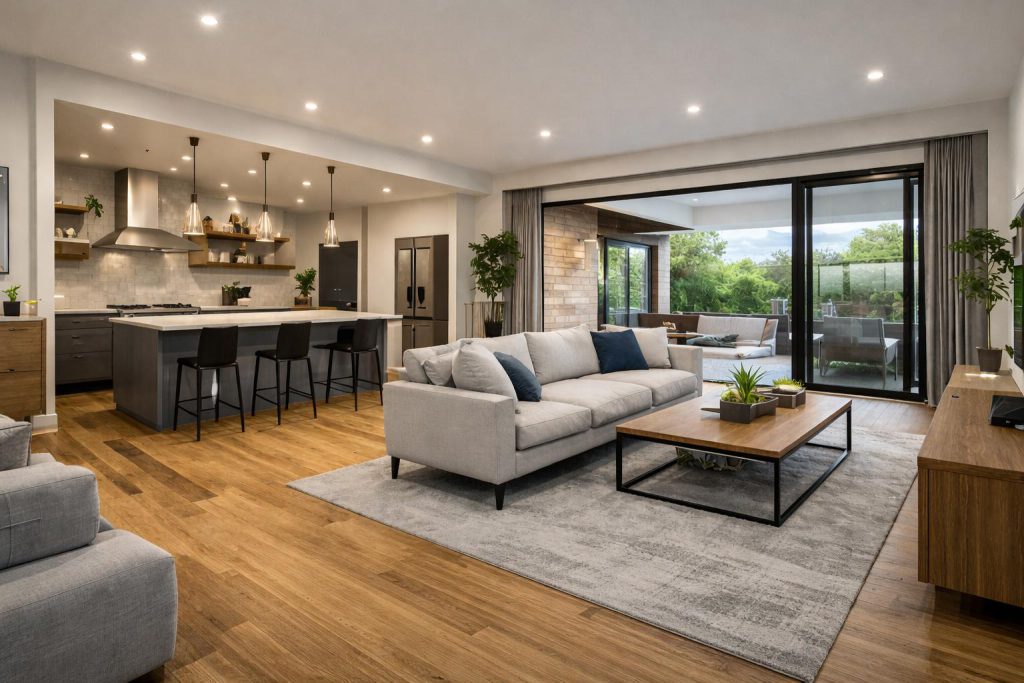“Modern compact home interior with a stylish modular kitchen and contemporary living space.”