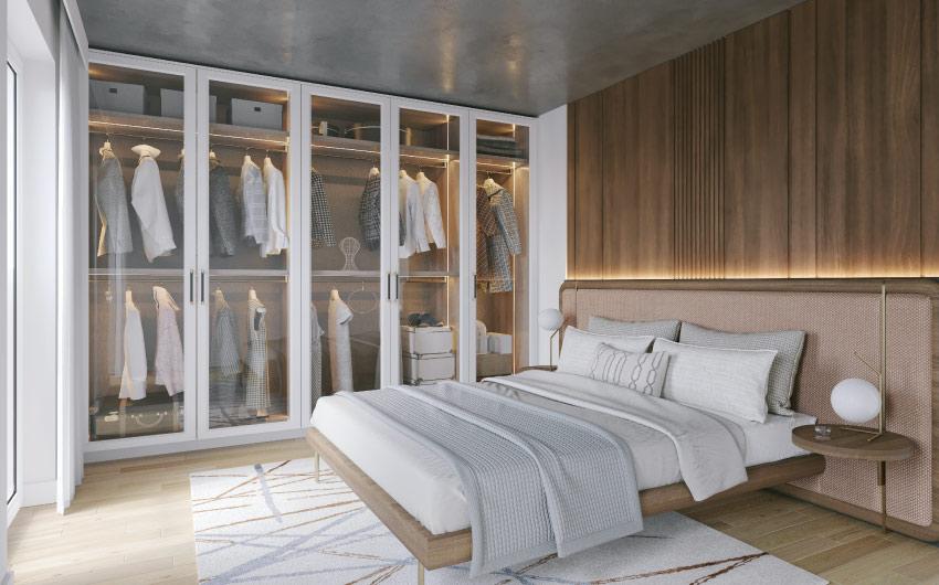 Compact bedroom with space-saving furniture and wardrobe