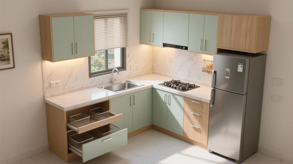 L-shaped modular kitchen with organised cabinet storage