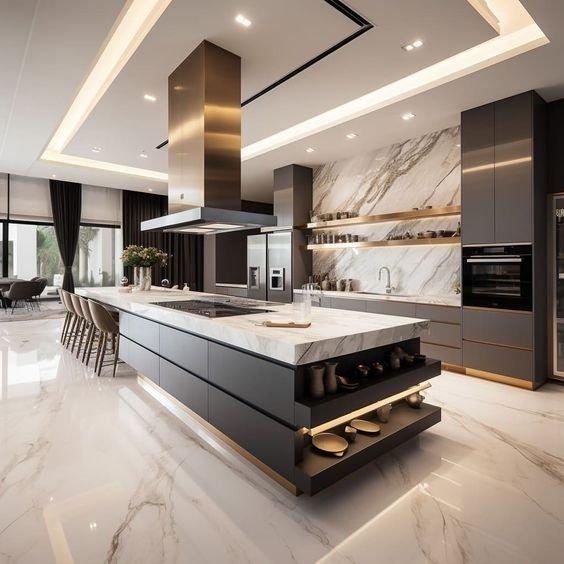 Wooden finish island kitchen with modern cabinets