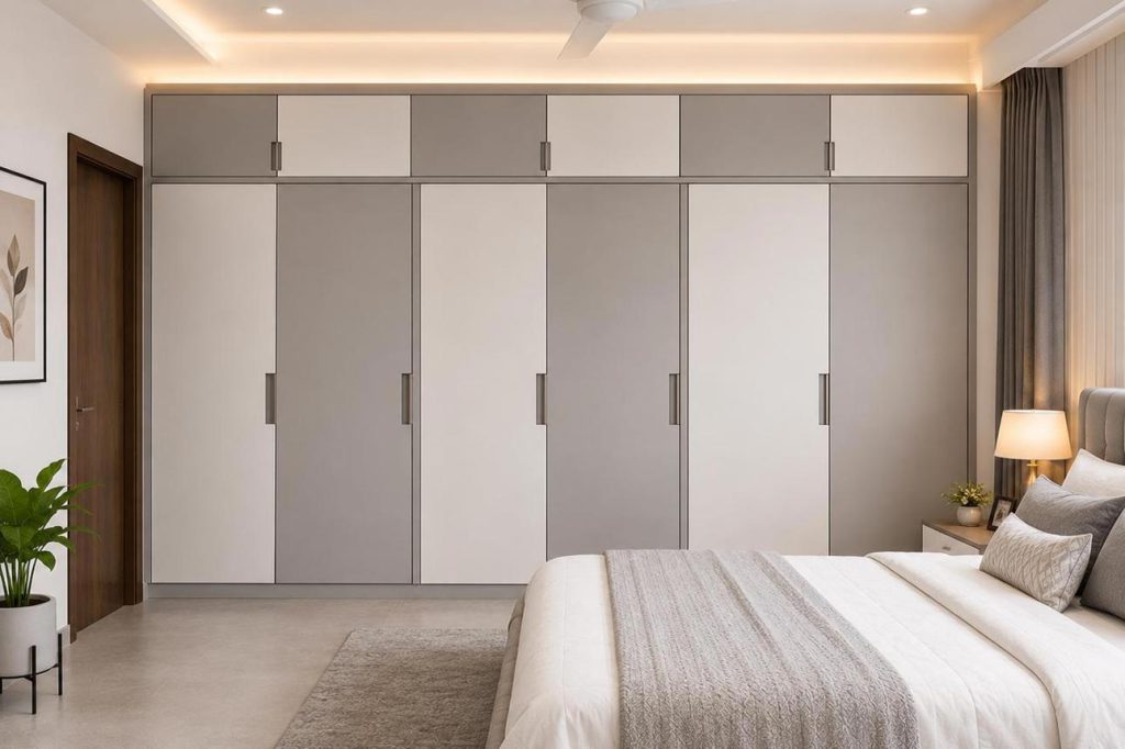 Modern five-door wardrobe in a bedroom