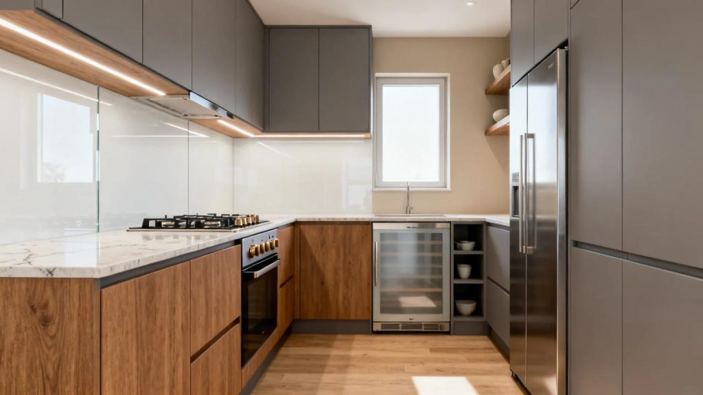 8×6 modular kitchen with modern cabinets and storage