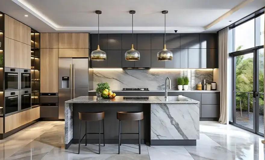 Modern kitchen cabinets with a smooth acrylic finish