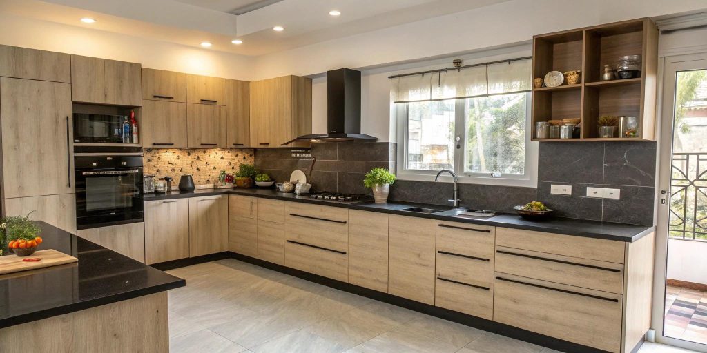 Modern modular kitchen interior with organised cabinets and storage