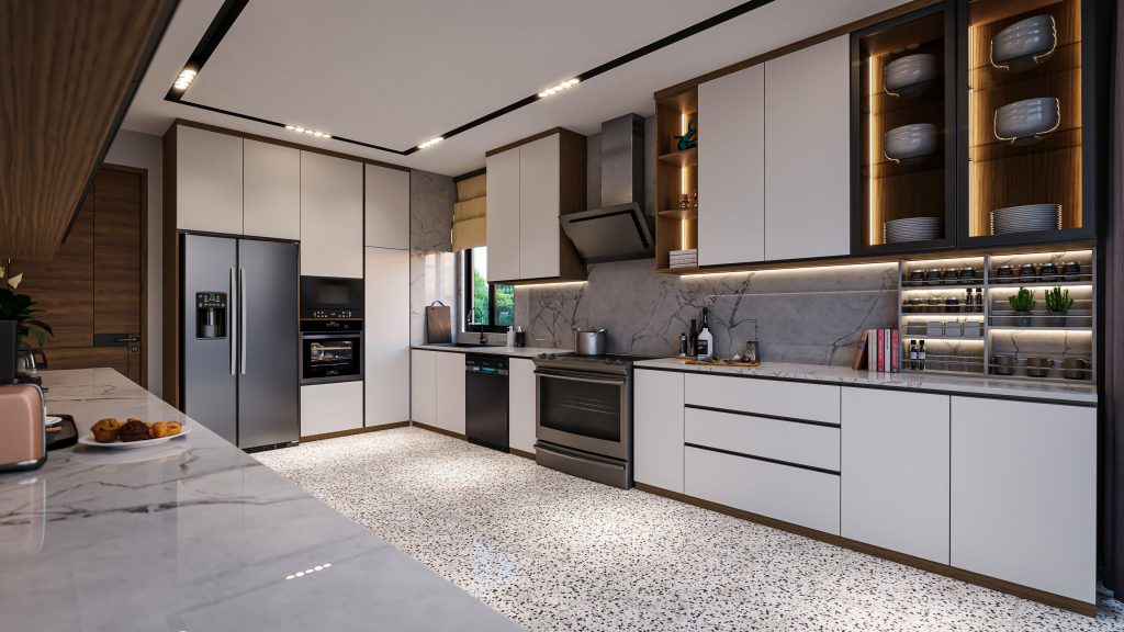 Custom modular kitchen furniture in a contemporary layout