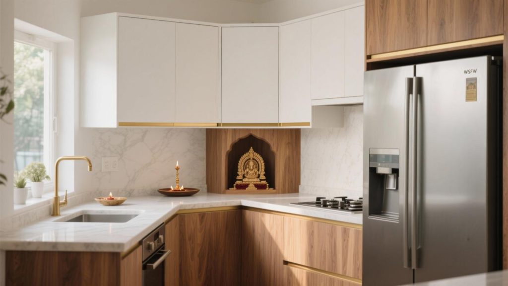Modern modular kitchen decorated for Ganesh Chaturthi in Pune