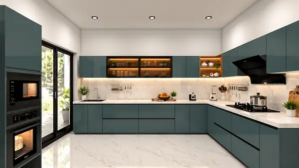 Modern L-shaped modular kitchen with teal cabinets and open storage