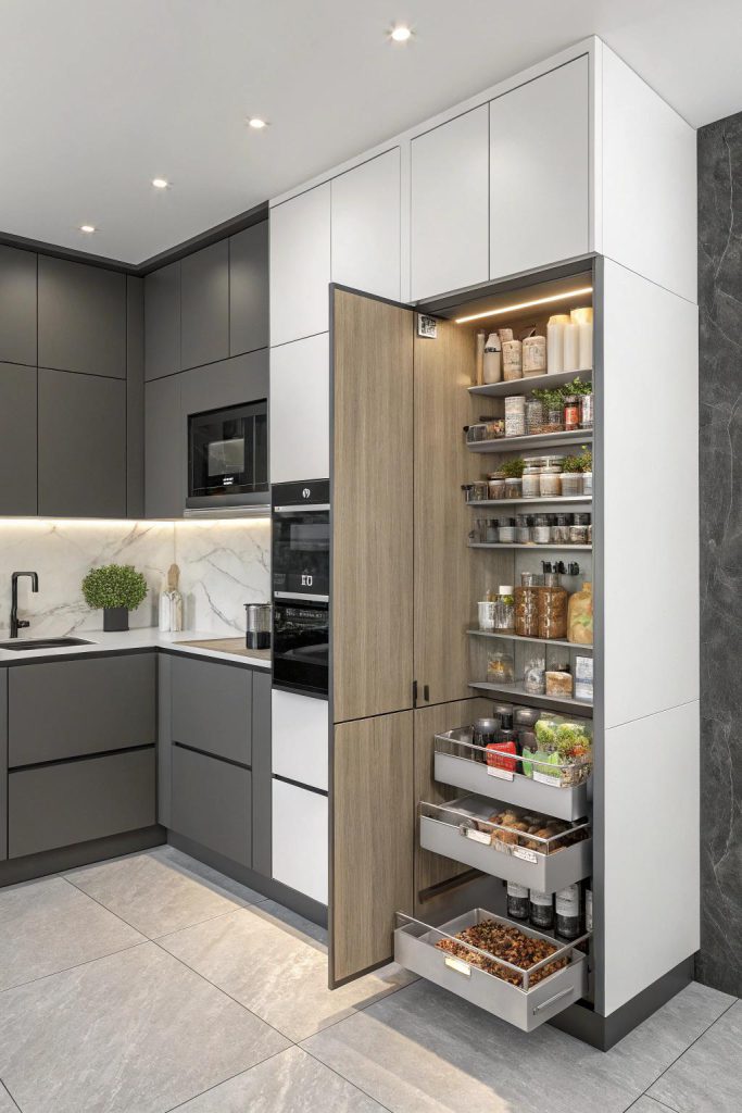 L-shaped modular kitchen with wall and base cabinets