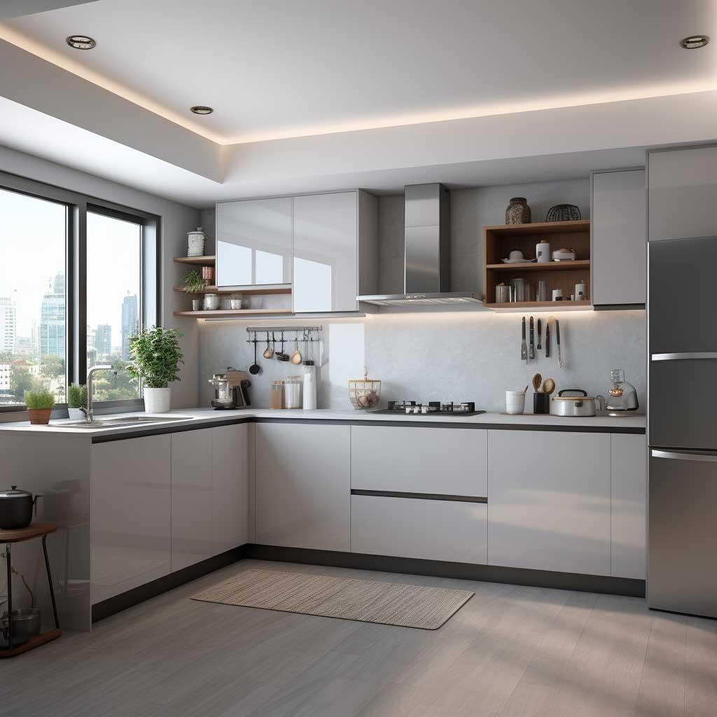 G-shaped modular kitchen with extended peninsula