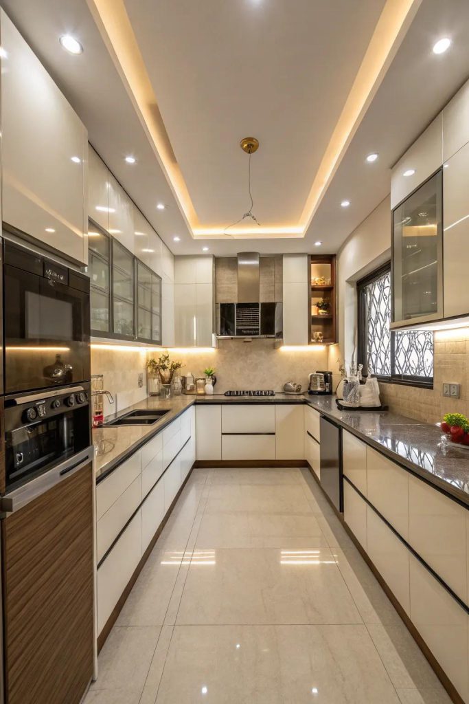 Modular kitchen with drawers and organised storage cabinets