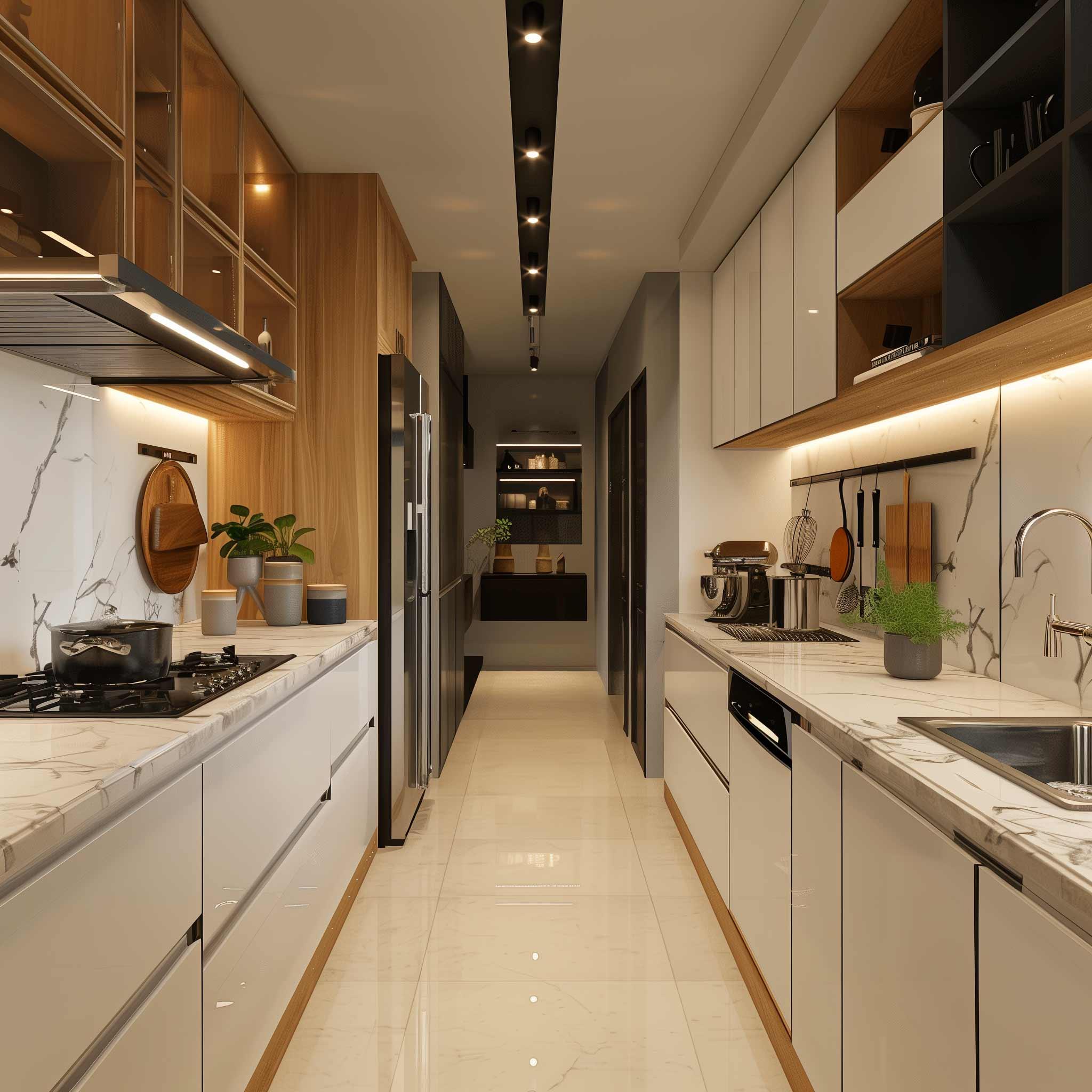 Classic kitchen interior with granite countertop and wooden cabinets