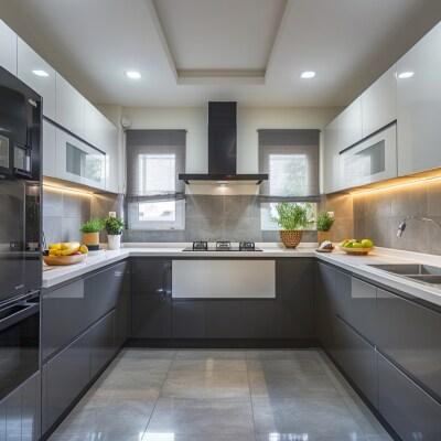 U-shaped modular kitchen with modern cabinets and countertop